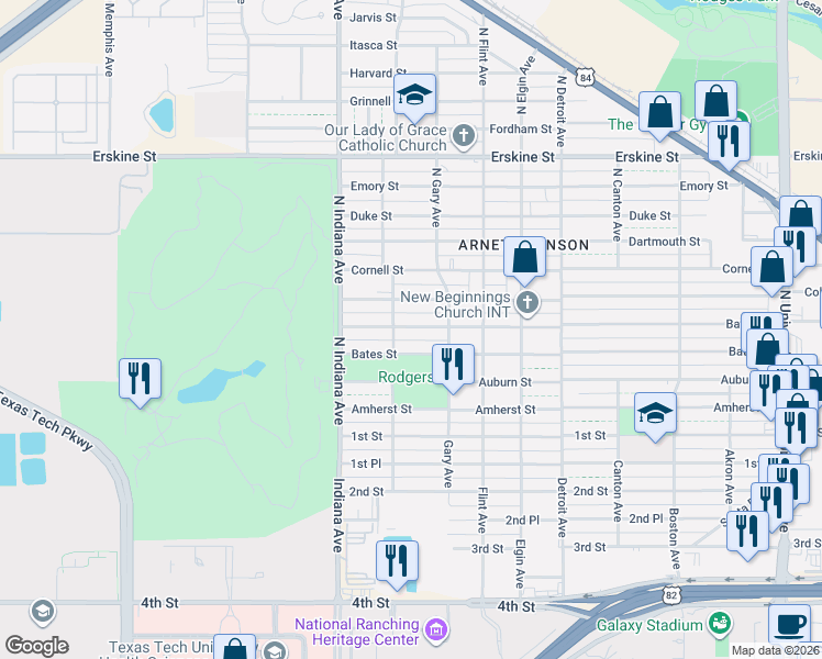 map of restaurants, bars, coffee shops, grocery stores, and more near 3212 Baylor Street in Lubbock