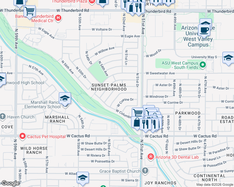 map of restaurants, bars, coffee shops, grocery stores, and more near 5154 West Windrose Drive in Glendale