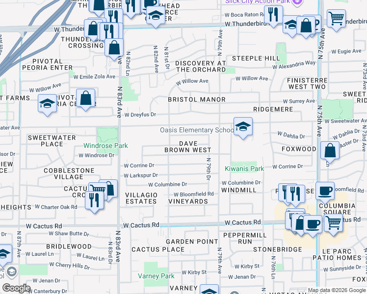 map of restaurants, bars, coffee shops, grocery stores, and more near 8008 West Aster Drive in Peoria