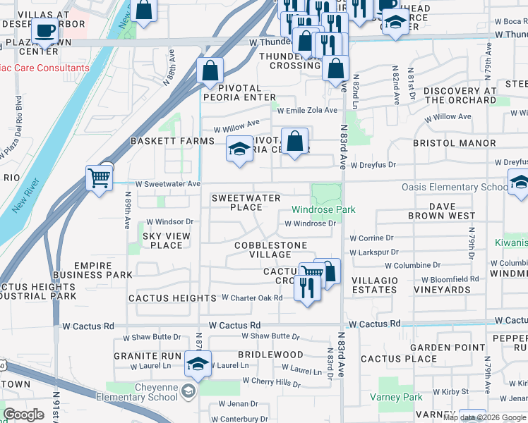 map of restaurants, bars, coffee shops, grocery stores, and more near 12732 North 84th Lane in Peoria