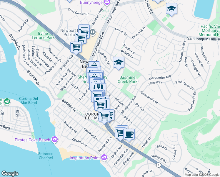 map of restaurants, bars, coffee shops, grocery stores, and more near 2931 5th Avenue in Newport Beach