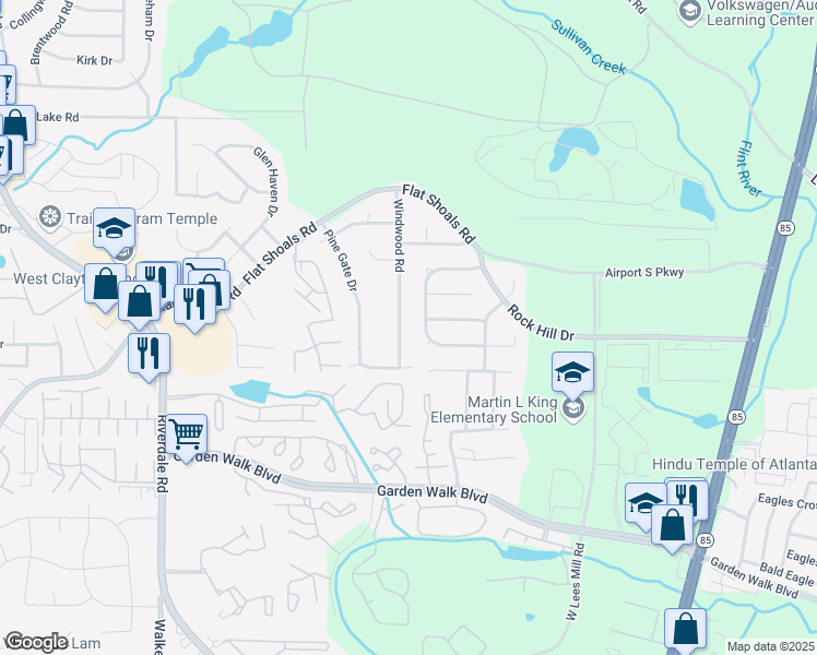 map of restaurants, bars, coffee shops, grocery stores, and more near 5599 Windwood Road in Atlanta