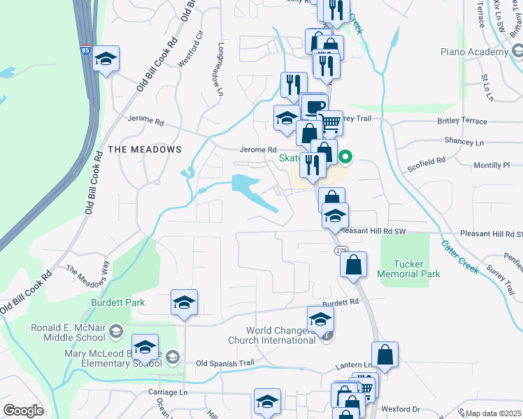 map of restaurants, bars, coffee shops, grocery stores, and more near 1316 Camelot Drive in College Park