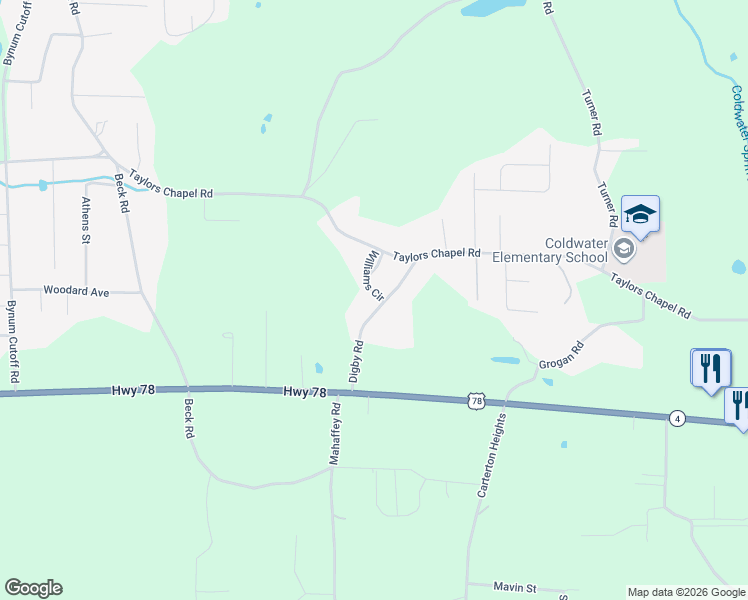 map of restaurants, bars, coffee shops, grocery stores, and more near 57 Zann Williams Drive in Eastaboga