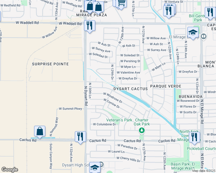 map of restaurants, bars, coffee shops, grocery stores, and more near 12918 West Aster Drive in El Mirage