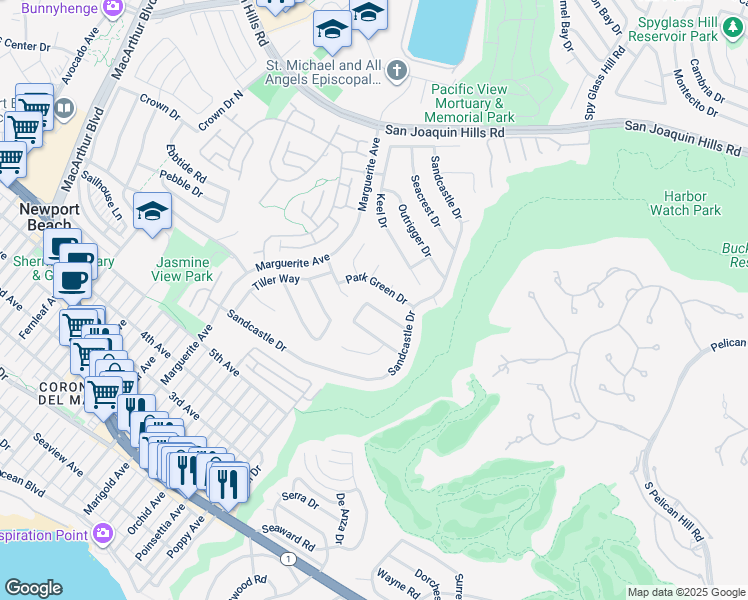 map of restaurants, bars, coffee shops, grocery stores, and more near 3800 Topside Lane in Newport Beach