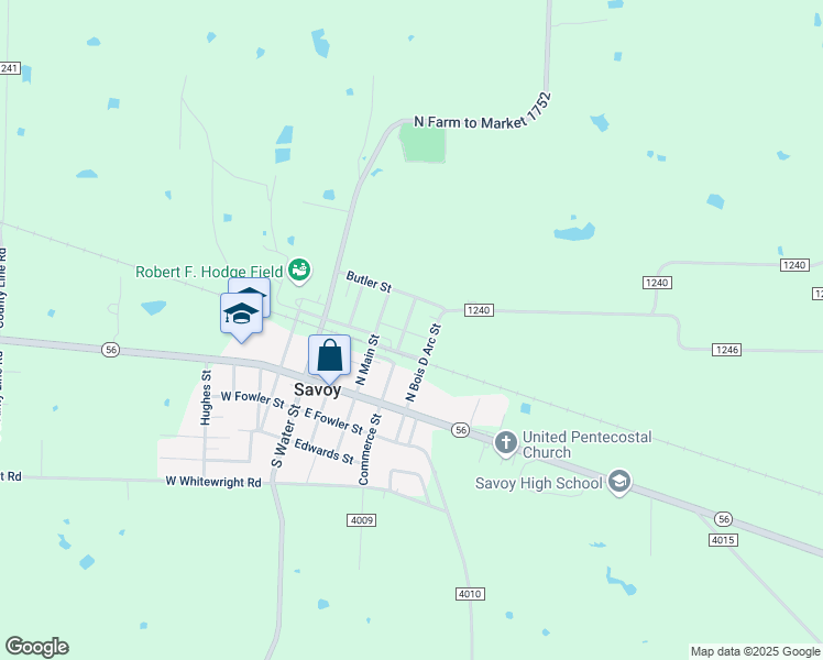 map of restaurants, bars, coffee shops, grocery stores, and more near 305 North Commerce in Savoy