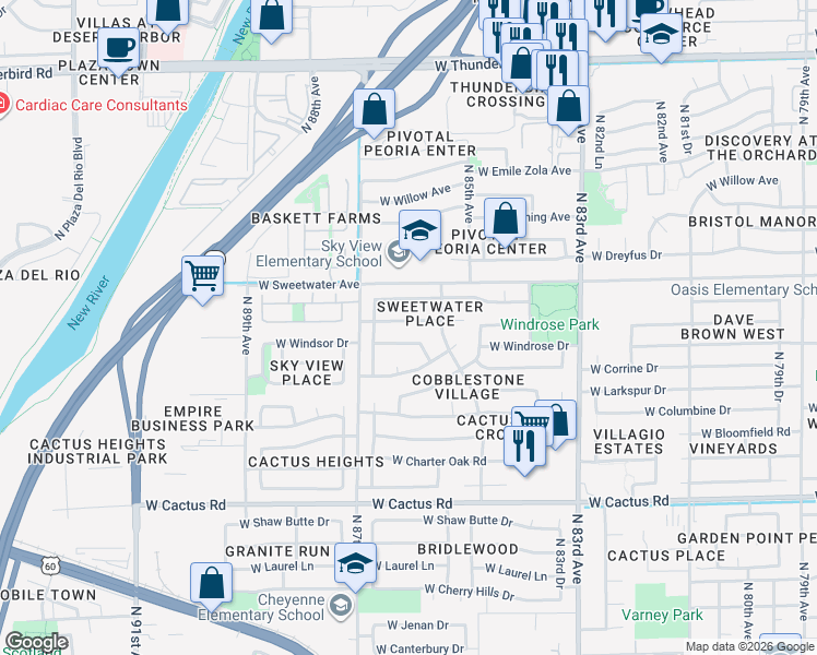 map of restaurants, bars, coffee shops, grocery stores, and more near 8626 West Aster Drive in Peoria