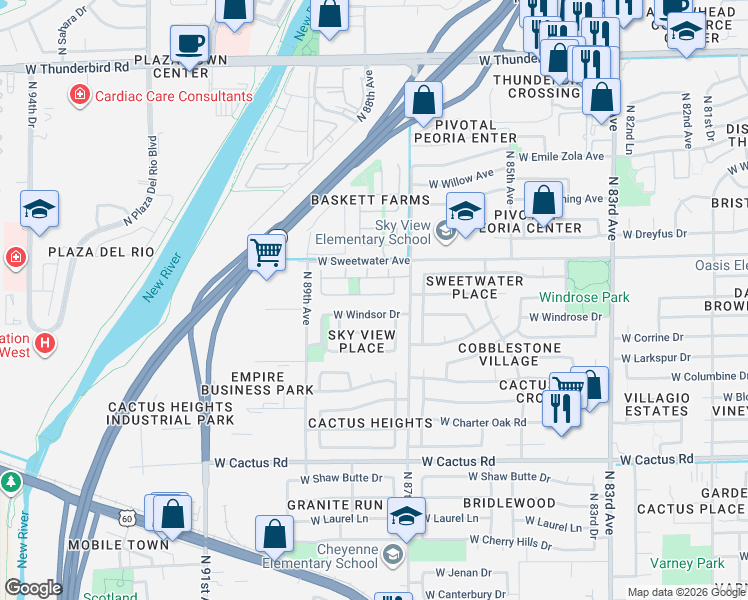 map of restaurants, bars, coffee shops, grocery stores, and more near 8794 West Aster Drive in Peoria