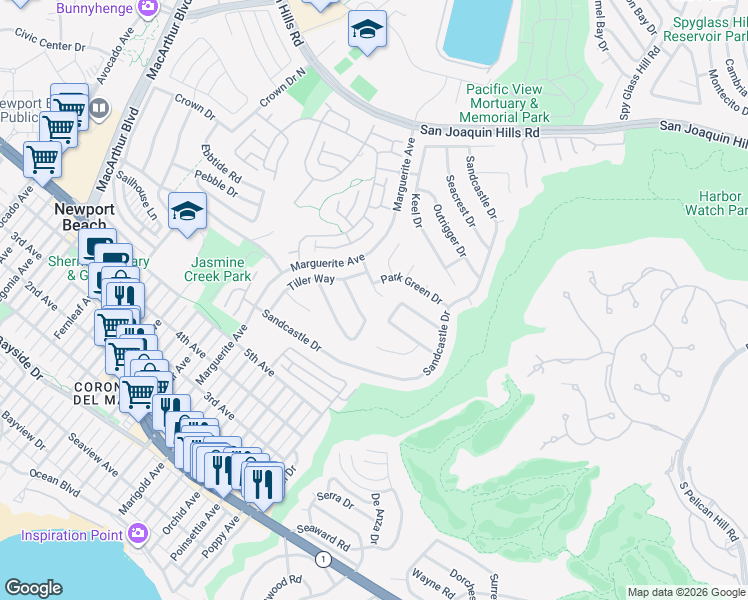 map of restaurants, bars, coffee shops, grocery stores, and more near 3601 Park Green Drive in Newport Beach