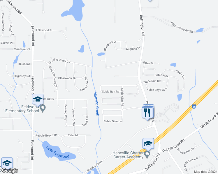 map of restaurants, bars, coffee shops, grocery stores, and more near 3026 Sable Run Road in Atlanta