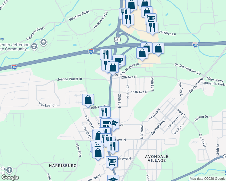 map of restaurants, bars, coffee shops, grocery stores, and more near 1100 Martin Street North in Pell City