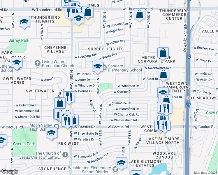 map of restaurants, bars, coffee shops, grocery stores, and more near 12635 North 33rd Avenue in Phoenix