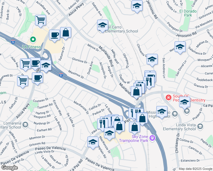 map of restaurants, bars, coffee shops, grocery stores, and more near 24838 Acropolis Drive in Mission Viejo