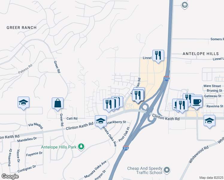 map of restaurants, bars, coffee shops, grocery stores, and more near 35800 Lajune Street in Murrieta