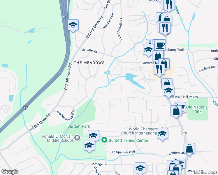 map of restaurants, bars, coffee shops, grocery stores, and more near 5843 3 Lakes Drive in College Park