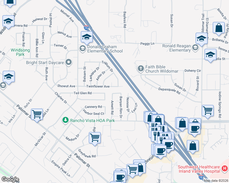 map of restaurants, bars, coffee shops, grocery stores, and more near 23272 Alta Oaks Drive in Wildomar