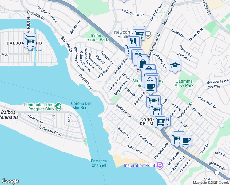 map of restaurants, bars, coffee shops, grocery stores, and more near 421 Begonia Avenue in Newport Beach