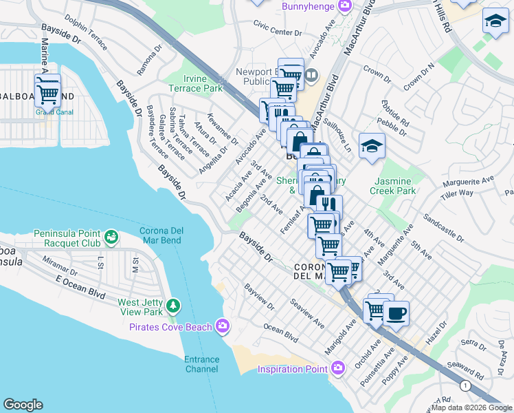 map of restaurants, bars, coffee shops, grocery stores, and more near 429 Carnation Avenue in Newport Beach