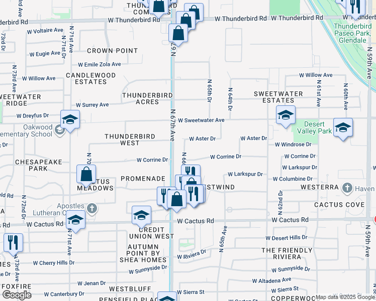map of restaurants, bars, coffee shops, grocery stores, and more near 12625 North 66th Drive in Glendale