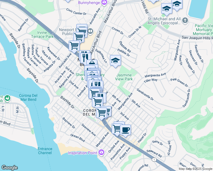 map of restaurants, bars, coffee shops, grocery stores, and more near 708 Heliotrope Avenue in Newport Beach