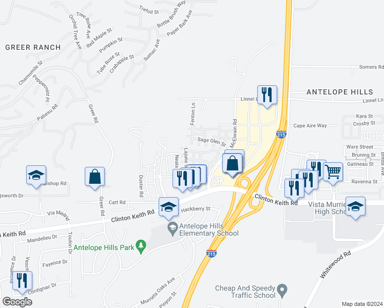 map of restaurants, bars, coffee shops, grocery stores, and more near 35795 Alpental Lane in Murrieta