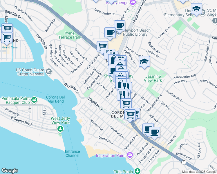 map of restaurants, bars, coffee shops, grocery stores, and more near 508 Dahlia Avenue in Newport Beach