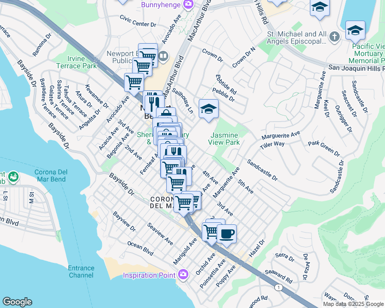 map of restaurants, bars, coffee shops, grocery stores, and more near 708 Heliotrope Avenue in Newport Beach