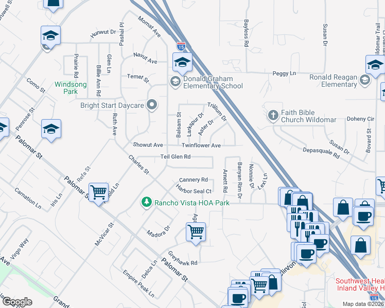 map of restaurants, bars, coffee shops, grocery stores, and more near 23114 Teil Glen Road in Wildomar