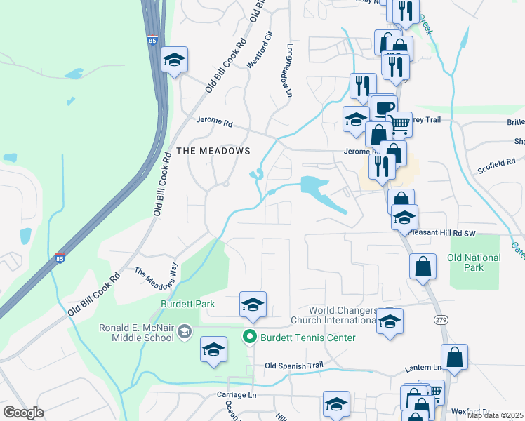 map of restaurants, bars, coffee shops, grocery stores, and more near 5843 3 Lakes Drive in College Park