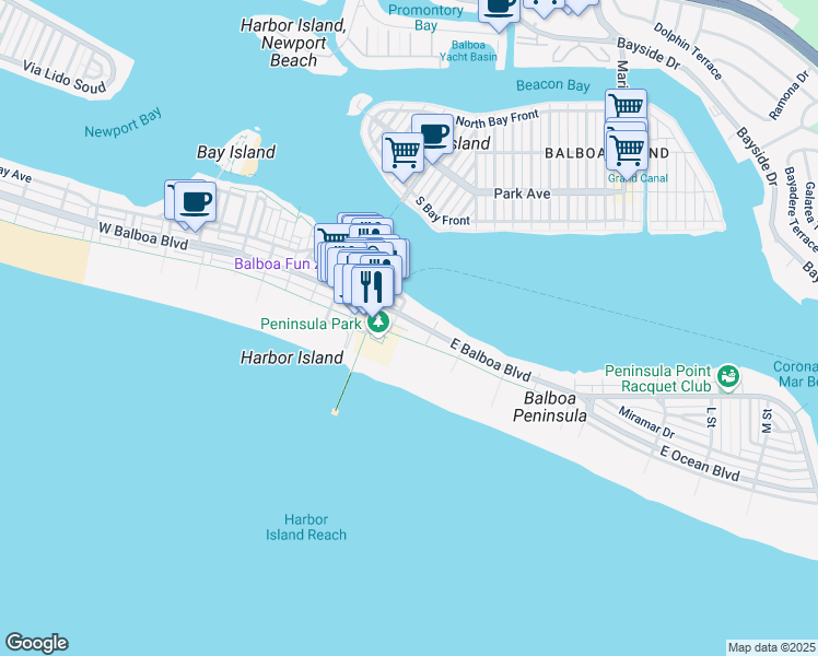 map of restaurants, bars, coffee shops, grocery stores, and more near 913 East Balboa Boulevard in Newport Beach
