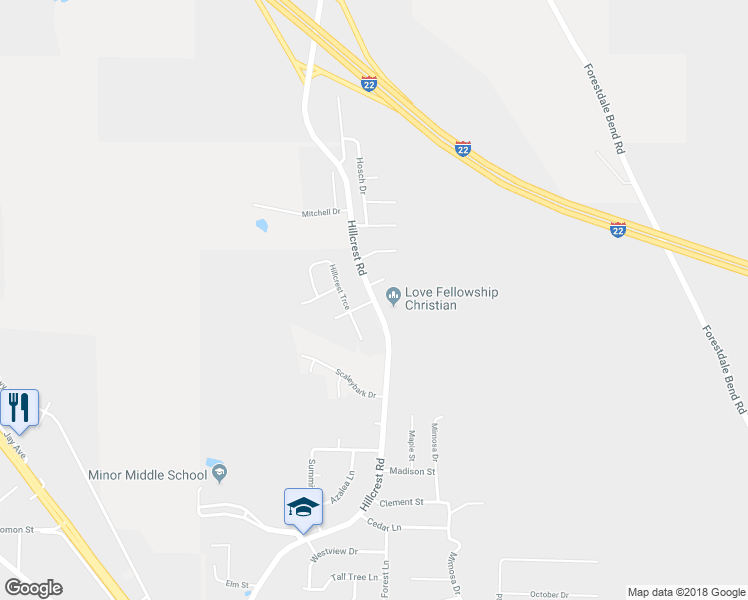 map of restaurants, bars, coffee shops, grocery stores, and more near 1183 Hillcrest Road in Adamsville