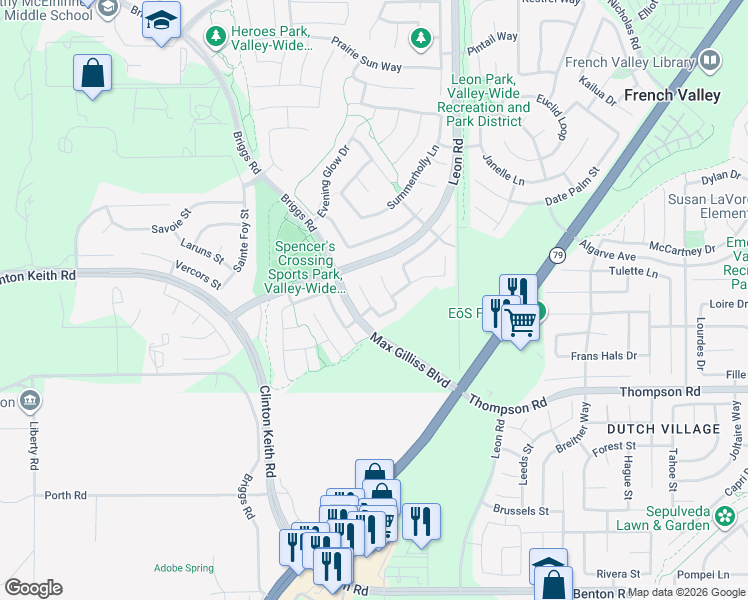map of restaurants, bars, coffee shops, grocery stores, and more near 35766 Elk Lane in Murrieta