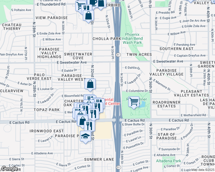 map of restaurants, bars, coffee shops, grocery stores, and more near 3302 East Larkspur Drive in Phoenix