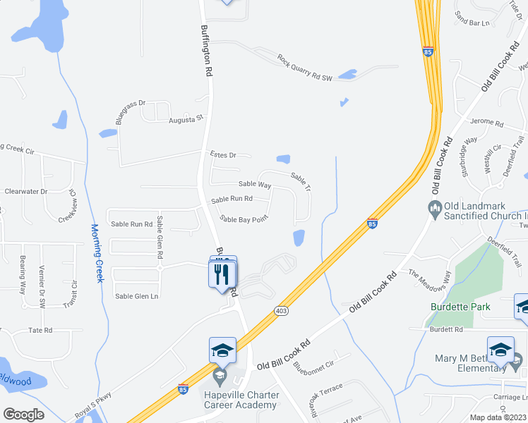 map of restaurants, bars, coffee shops, grocery stores, and more near 5650 Sable Bay Point in Atlanta