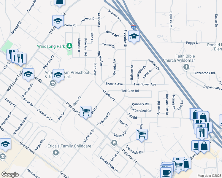 map of restaurants, bars, coffee shops, grocery stores, and more near 22888 Teil Glen Road in Wildomar