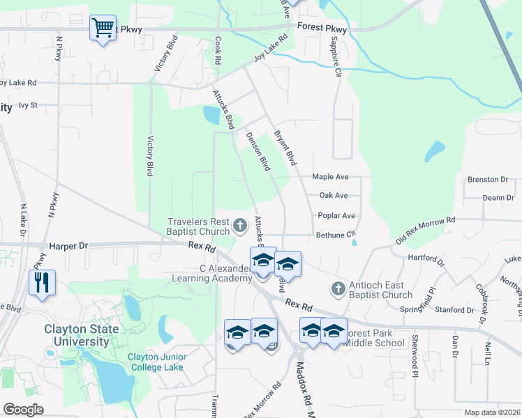 map of restaurants, bars, coffee shops, grocery stores, and more near 5625 Denson Boulevard in Morrow
