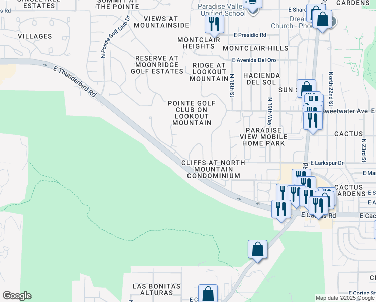 map of restaurants, bars, coffee shops, grocery stores, and more near 1550 East Thunderbird Road in Phoenix