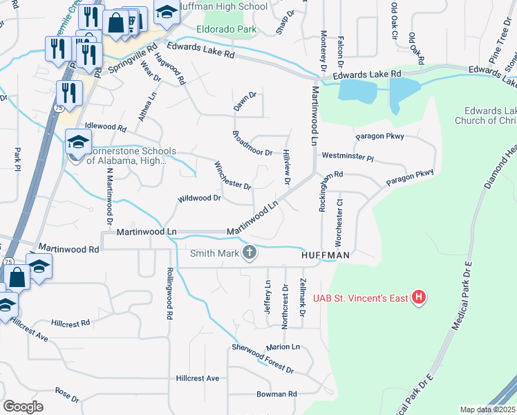 map of restaurants, bars, coffee shops, grocery stores, and more near 1036 Winchester Drive in Birmingham