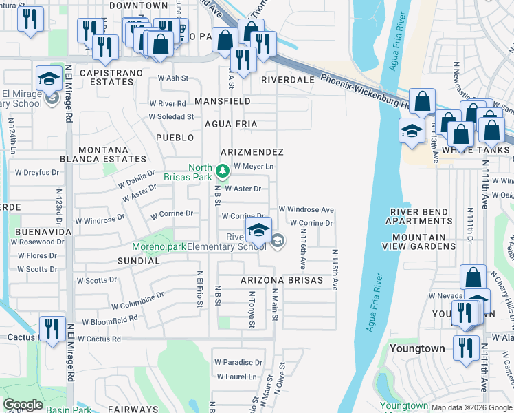 map of restaurants, bars, coffee shops, grocery stores, and more near 11768 West Windrose Avenue in El Mirage