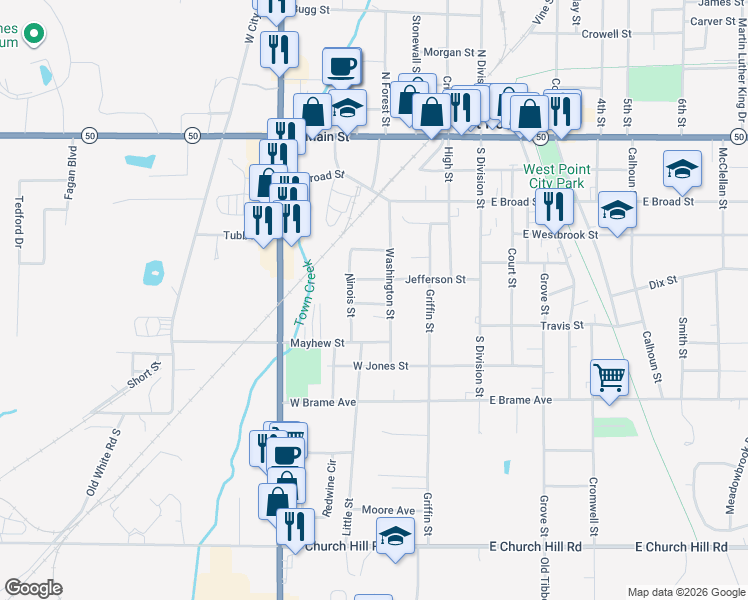 map of restaurants, bars, coffee shops, grocery stores, and more near 501-535 Washington Street in West Point
