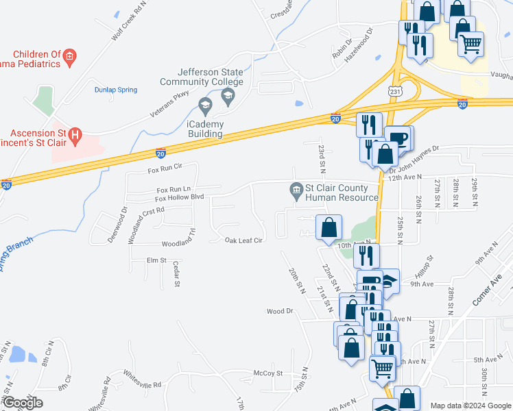 map of restaurants, bars, coffee shops, grocery stores, and more near 165 Oak Leaf Circle in Pell City