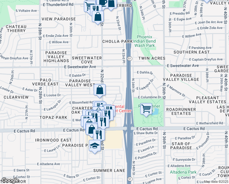 map of restaurants, bars, coffee shops, grocery stores, and more near 3302 East Larkspur Drive in Phoenix