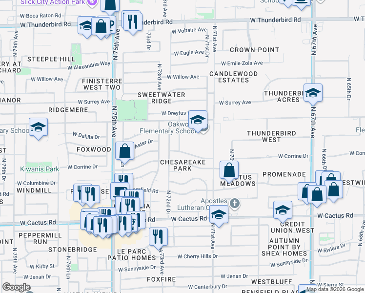 map of restaurants, bars, coffee shops, grocery stores, and more near 7150 West Windrose Drive in Peoria
