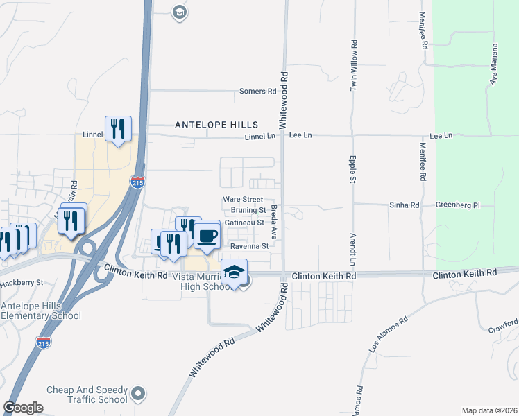 map of restaurants, bars, coffee shops, grocery stores, and more near 28399 Ware Street in Murrieta