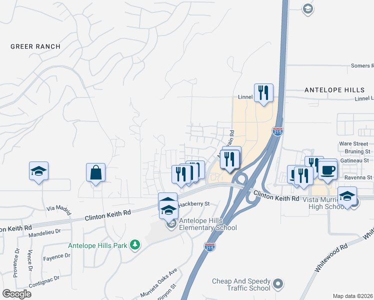 map of restaurants, bars, coffee shops, grocery stores, and more near 37437 Gentlebrook Court in Murrieta
