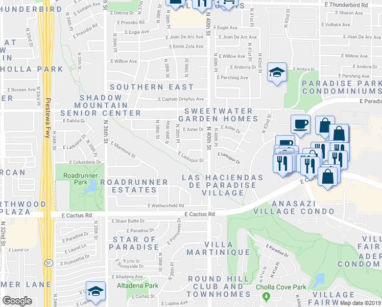 map of restaurants, bars, coffee shops, grocery stores, and more near 3903 East Corrine Drive in Phoenix