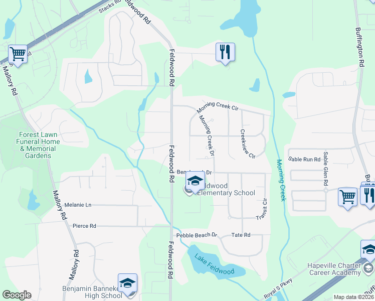 map of restaurants, bars, coffee shops, grocery stores, and more near 5635 Morning Creek Drive in College Park