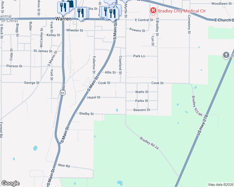 map of restaurants, bars, coffee shops, grocery stores, and more near 1019 Brown Street in Warren