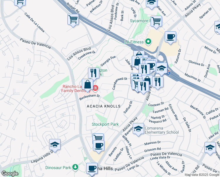 map of restaurants, bars, coffee shops, grocery stores, and more near 24876 Avenida Avalon in Laguna Hills